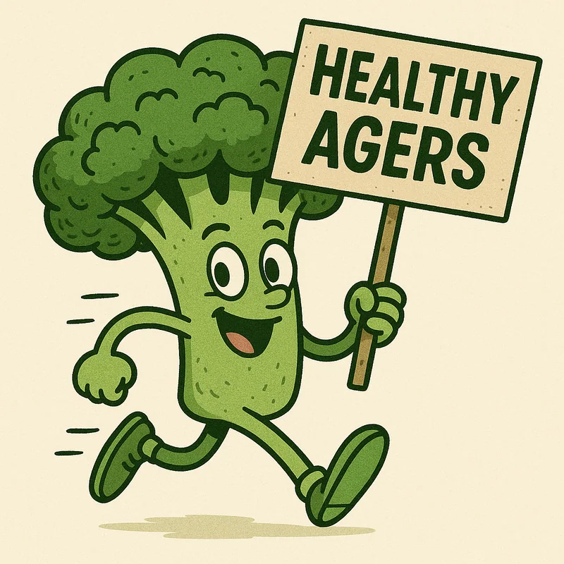 A cheerful broccoli mascot carrying a Healthy Agers sign
