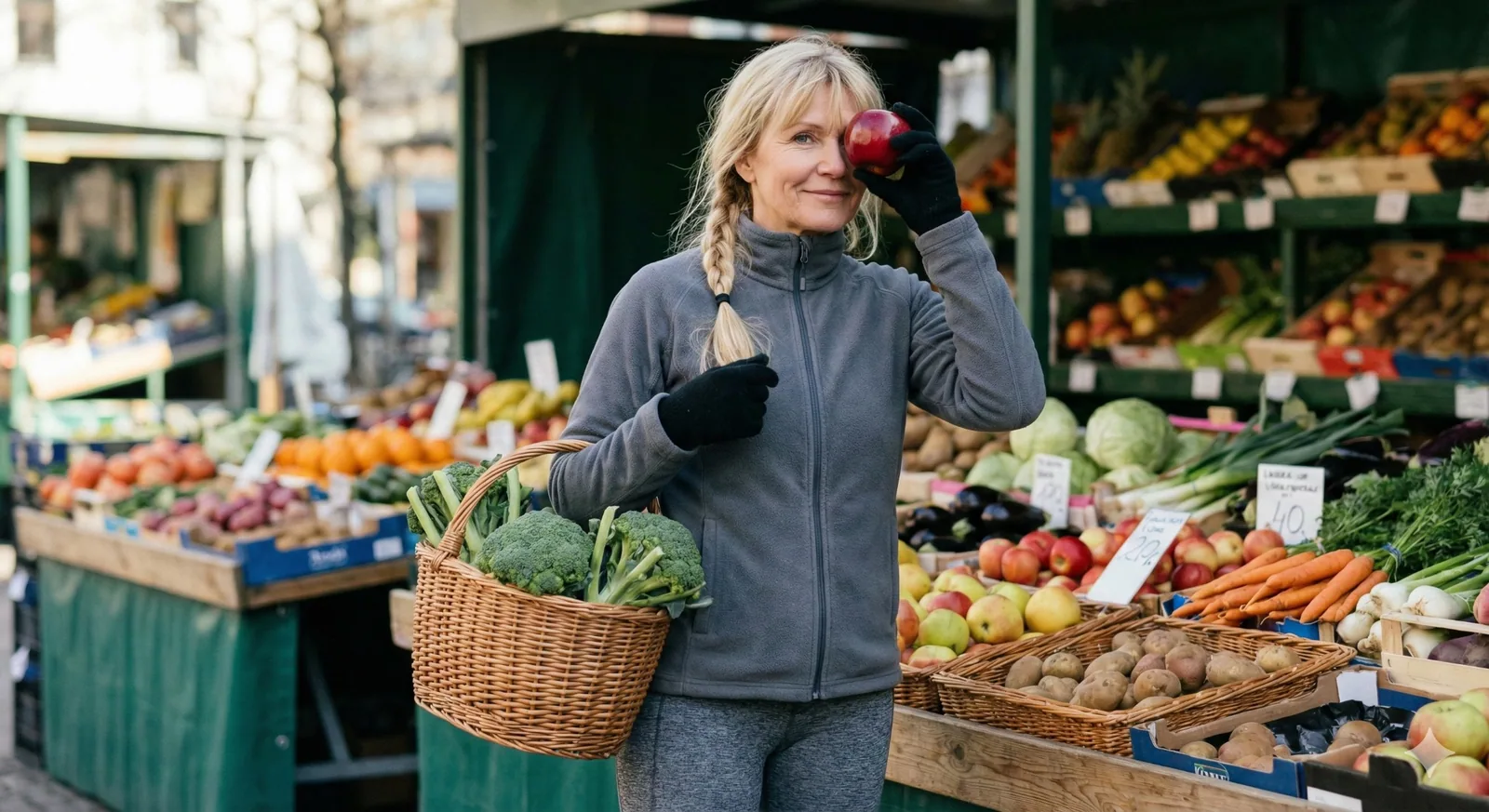 A woman holding a red apple at an outdoor produce market